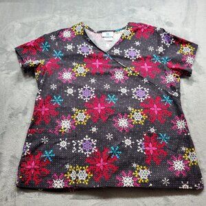 SB Scrub V-neck Scrub Top Winter Theme Multicolor Snowflakes 2 Pockets Wm Sz L